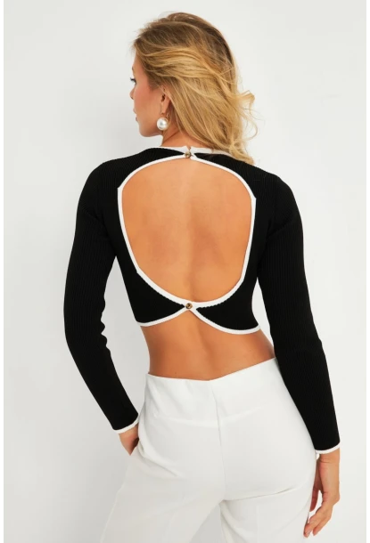 Kadın Siyah-Beyaz Sırtı Açık Bluz YV270