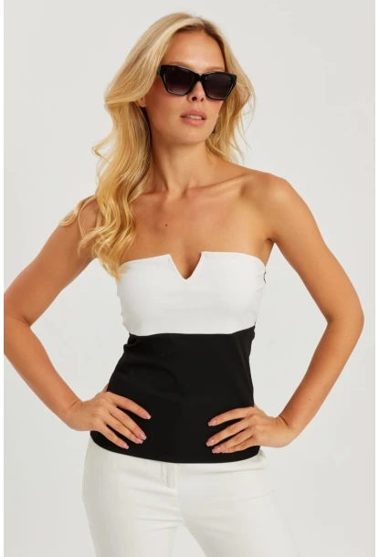 Kadın Siyah-Beyaz Straplez Bluz EY2793