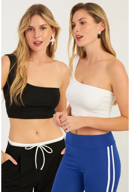 Kadın Siyah-Beyaz Tek Omuz İkili Crop Bluz CG347