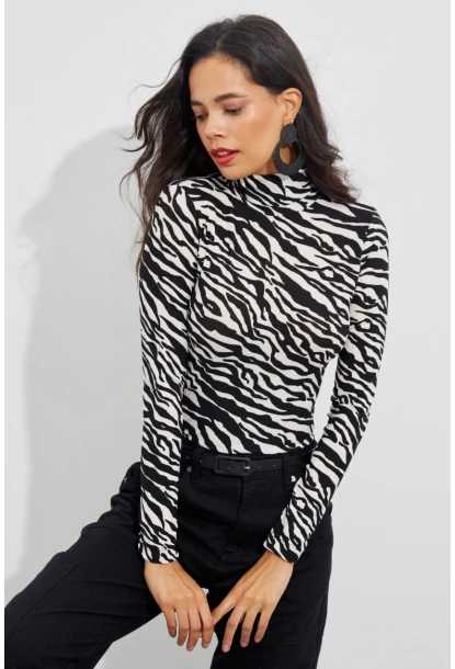 Kadın Siyah-Beyaz Zebra Desenli Balıkçı Bluz EY1524