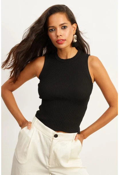 Kadın Siyah Bisiklet Yaka Triko Bluz YV91