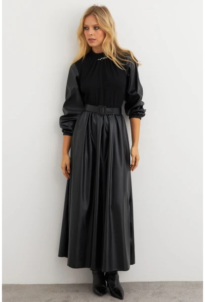 Kadın Siyah Bloklu Taşlı Elbise MALZ101