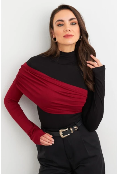Kadın Siyah-Bordo Bloklu Bluz EY3018