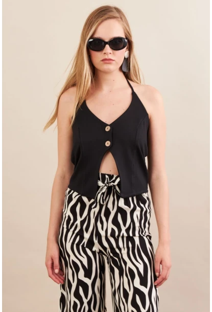 Kadın Siyah Boyun Bağlamalı Düğmeli Yelek FLU7304