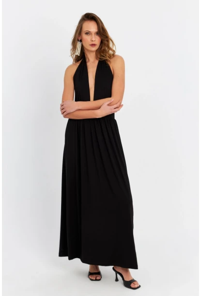 Kadın Siyah Boyun Bağlamalı Maxi Elbise EY3075