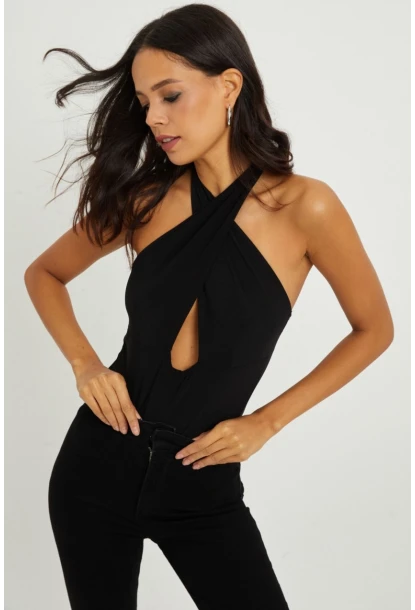 Kadın Siyah Boyundan Bağlamalı Sırtı Açık Body B203-9