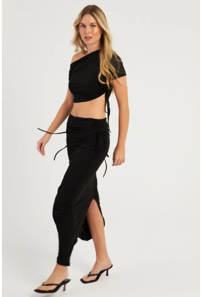 Kadın Siyah Büzgülü Alt Üst  Etek Takım YEL88