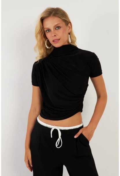 Kadın Siyah Büzgülü Bluz LPP1287