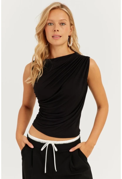 Kadın Siyah Büzgülü Bluz YZ625