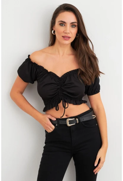 Kadın Siyah Büzgülü Crop Bluz ELT1680