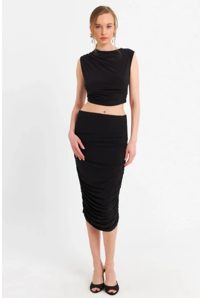 Kadın Siyah Büzgülü Crop Etek Takım ELT181