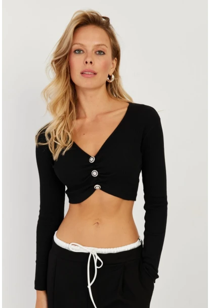 Kadın Siyah Büzgülü Düğme Detaylı Crop Bluz EY2716
