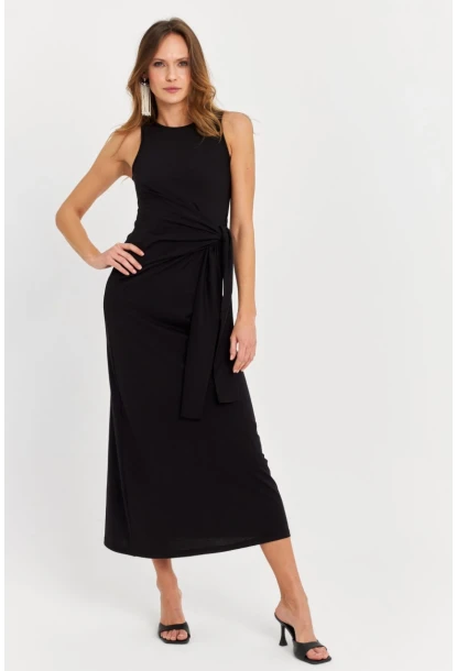 Kadın Siyah Büzgülü Kolsuz Midi Elbise TF75