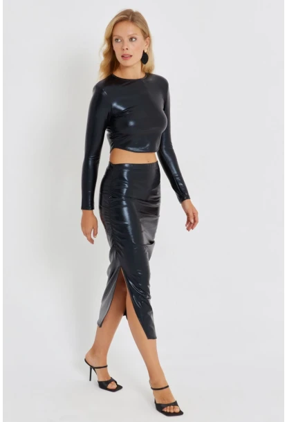 Kadın Siyah Büzgülü Parlak Etek Takım KED4046