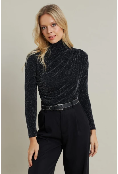 Kadın Siyah Büzgülü Simli Bluz ELT3568