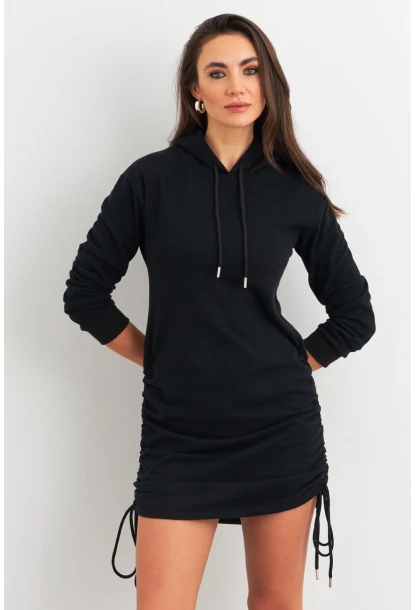 Kadın Siyah Büzgülü Sweat Elbise XC8101