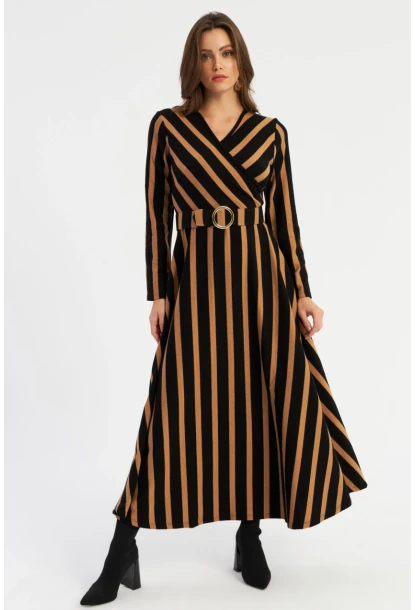 Kadın Siyah-Camel Kruveze Kemerli Maxi Elbise VTN4