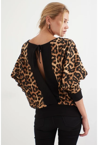 Kadın Siyah -Camel Leopar Desenli Sırtı Açık Yarasa Kol Sweatshirt B161