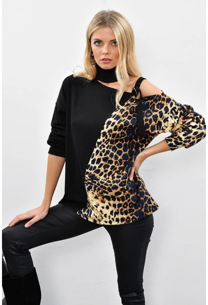 Kadın Siyah-Camel Tek Omuzu Açık Kontrast Sweatshirt Yİ1683