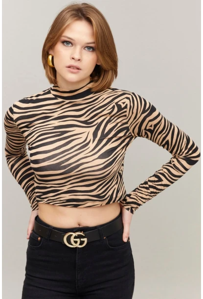 Kadın Siyah-Camel Yarım Balıkçı Crop Bluz LPP1137-1