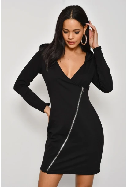 Kadın Siyah Çapraz Fermuarlı Kapüşonlu Sweat Elbise B61