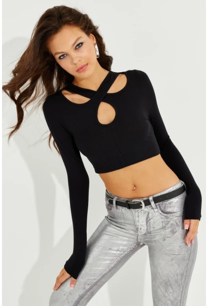 Kadın Siyah Çapraz Yaka Crop Bluz B2746