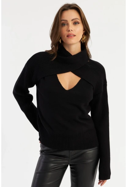 Kadın Siyah Çapraz Yaka Kazak AYD384