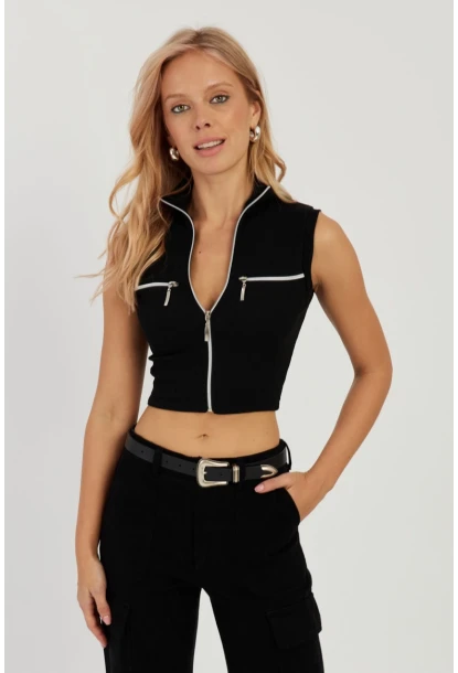 Kadın Siyah Çift Fermuarlı Kaşkorse Bluz EY2735