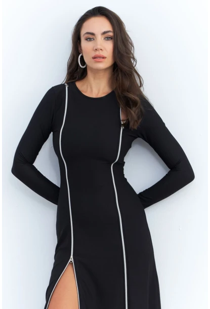 Kadın Siyah Çift Fermuarlı Maxi Elbise ELT4039