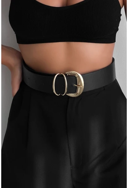 Kadın Siyah Çift Köprülü Oval Toka Kemer BE658