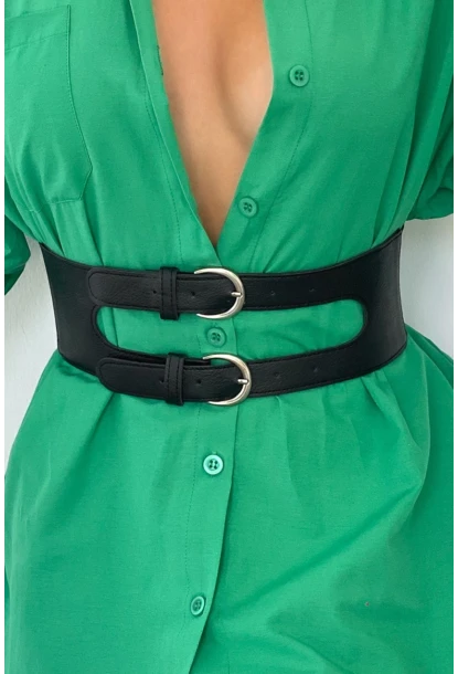 Kadın Siyah Çift Tokalı Lastikli Korse Kemer BE638