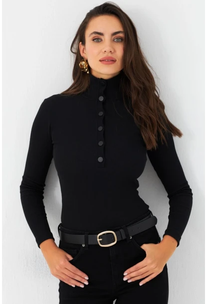 Kadın Siyah Çıtçıtlı Kaşkorse Bluz EY2983