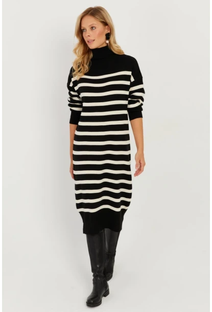 Kadın Siyah Çizgili Balıkçı Triko Midi Elbise SF2539