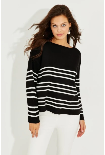 Kadın Siyah Çizgili Triko Kazak SF2188