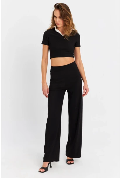 Kadın Siyah Crop Pantolon Takım RU6933