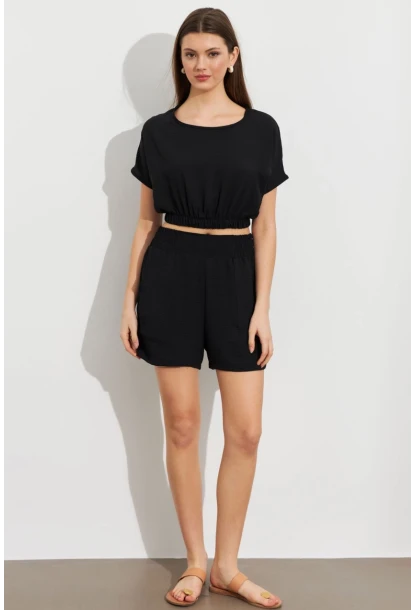 Kadın Siyah Crop Şort Takım Q1014