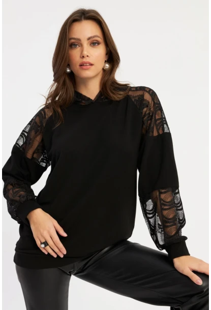Kadın Siyah Dantel Detaylı Kapüşonlu Sweatshirt MBK58