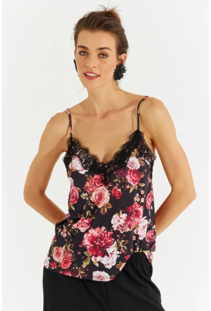 Kadın Siyah Dantelli Askılı Çiçekli Bluz LPP1227