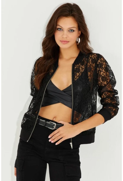Kadın Siyah Dantelli Fermuarlı Bomber Ceket ST823