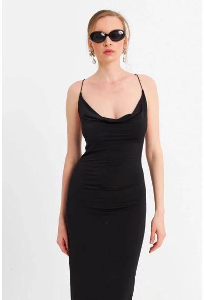 Kadın Siyah Degaje Yaka Askılı Maxi Elbise DMR289