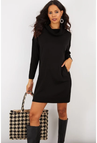 Kadın Siyah Degaje Yaka Triko Mini Elbise YV73