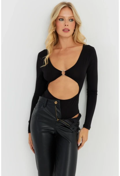Kadın Siyah Dekolteli Çıtçıtlı Body MEN2026