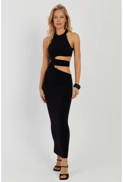 Kadın Siyah Dekolteli Maxi Elbise MEN2031