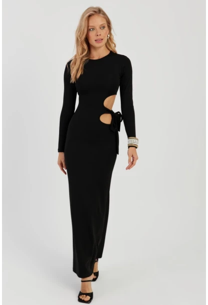 Kadın Siyah Dekolteli Skuba Maxi Elbise MON122