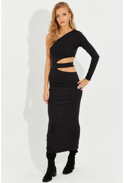 Kadın Siyah Dekolteli Tek Omuz Midi Elbise EY2577