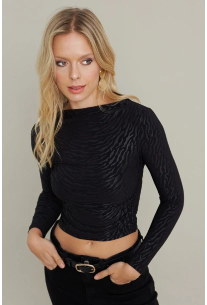 Kadın Siyah Desenli Büzgülü Bluz LPP1298