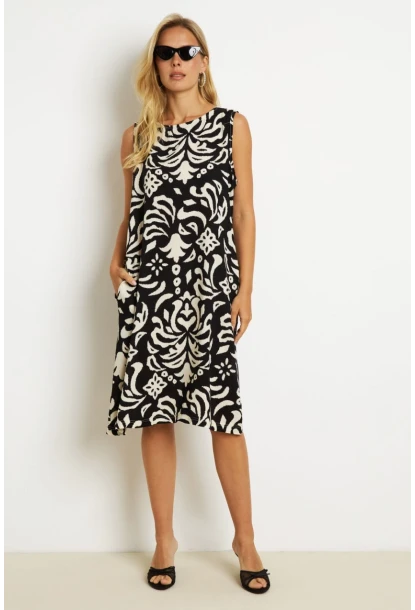 Kadın Siyah Desenli Cepli Midi Elbise YZ1059