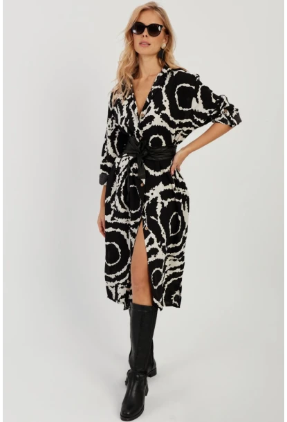 Kadın Siyah Desenli Gömlek Elbise LV174