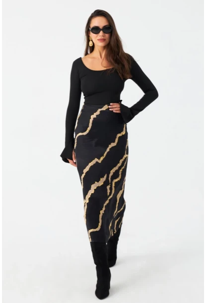 Kadın Siyah Desenli Saten Etek MCAR1060