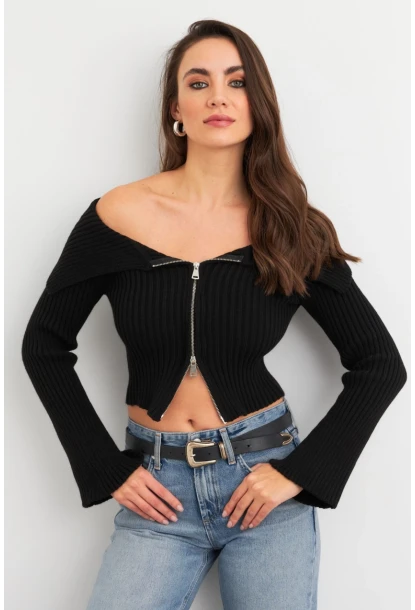 Kadın Siyah Devrik Yaka Kısa Hırka TEM103